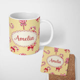 Personalized Custom Name Cute Candy Cane Bows Warm Beige Background Seamless Pattern Name 11oz Ceramic Coffee Tea Mug White Large Handle