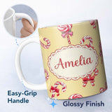 Personalized Custom Name Cute Candy Cane Bows Warm Beige Background Seamless Pattern Name 11oz Ceramic Coffee Tea Mug White Large Handle