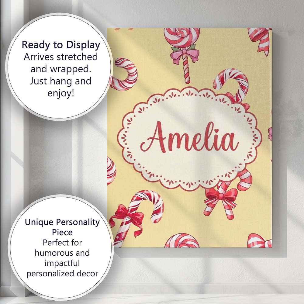 Personalised Name Cute Candy Cane Bows Warm Custom  Bespoke Interior Contemporary Canvas Wall Art Print Decor Picture Ready to Hang