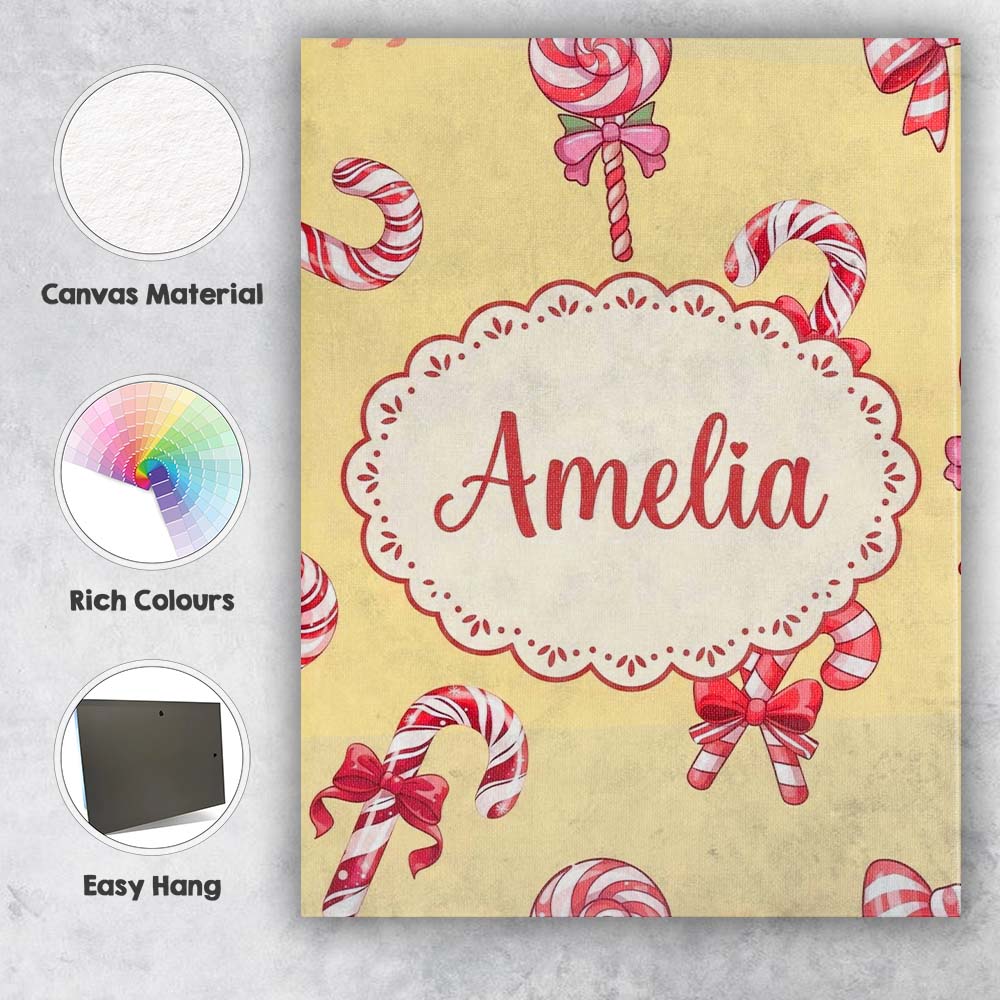 Personalised Name Cute Candy Cane Bows Warm Custom  Bespoke Interior Contemporary Canvas Wall Art Print Decor Picture Ready to Hang