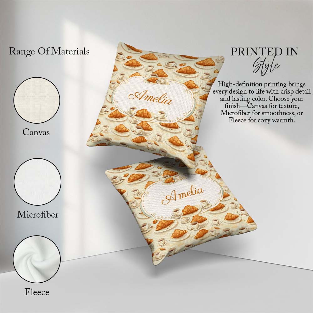Custom Name Croissant and Coffee French Seamless Pattern Neutral Square Filled Cushion Throw Pillow Sofa Bed Home Decor Zip Washable UK Made