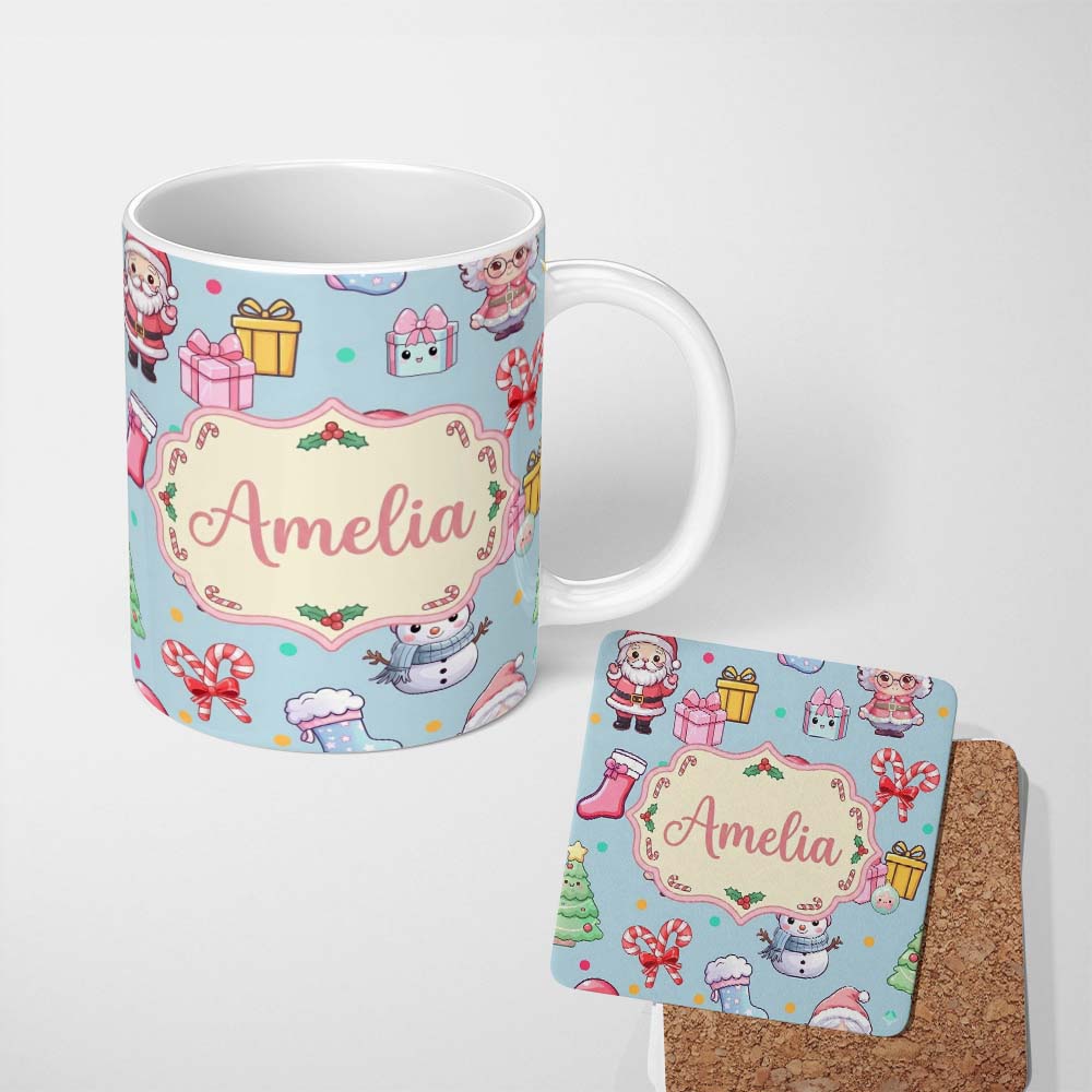 Personalized Custom Name Cute Santa Snowman Gifts Candy Cane Blue Background Seamless 11oz Ceramic Coffee Tea Mug White Large Handle