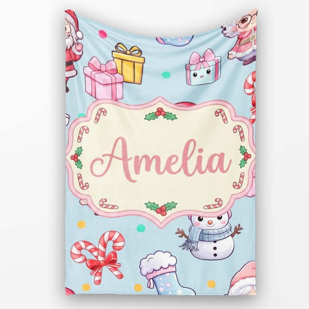 Cute Santa Snowman Gifts Candy Cane Blue Background Seamless  Personalised Custom Name Super Soft Fleece Blanket Bed Sofa Throw