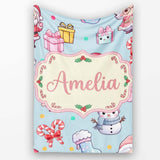 Cute Santa Snowman Gifts Candy Cane Blue Background Seamless  Personalised Custom Name Super Soft Fleece Blanket Bed Sofa Throw