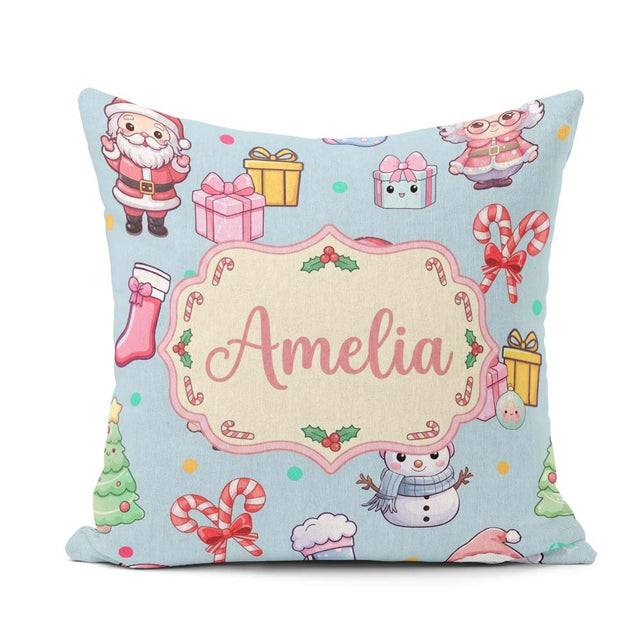 Custom Name Cute Santa Gifts Candy Cane Blue Background Seamless Square Filled Cushion Throw Pillow Sofa Bed Home Decor Zip Washable UK Made