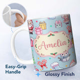 Personalized Custom Name Cute Santa Snowman Gifts Candy Cane Blue Background Seamless 11oz Ceramic Coffee Tea Mug White Large Handle