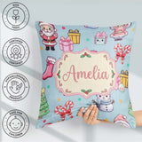 Custom Name Cute Santa Gifts Candy Cane Blue Background Seamless Square Filled Cushion Throw Pillow Sofa Bed Home Decor Zip Washable UK Made