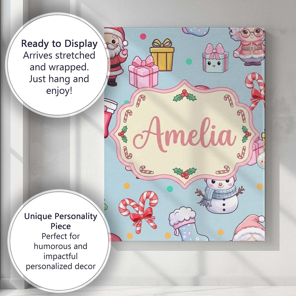 Personalised Name Cute Santa Snowman Gifts Custom  Unique Gift Idea Elegant Feature Canvas Wall Art Print Decor Picture Ready to Hang
