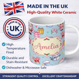 Personalized Custom Name Cute Santa Snowman Gifts Candy Cane Blue Background Seamless 11oz Ceramic Coffee Tea Mug White Large Handle