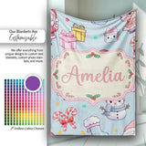 Cute Santa Snowman Gifts Candy Cane Blue Background Seamless  Personalised Custom Name Super Soft Fleece Blanket Bed Sofa Throw