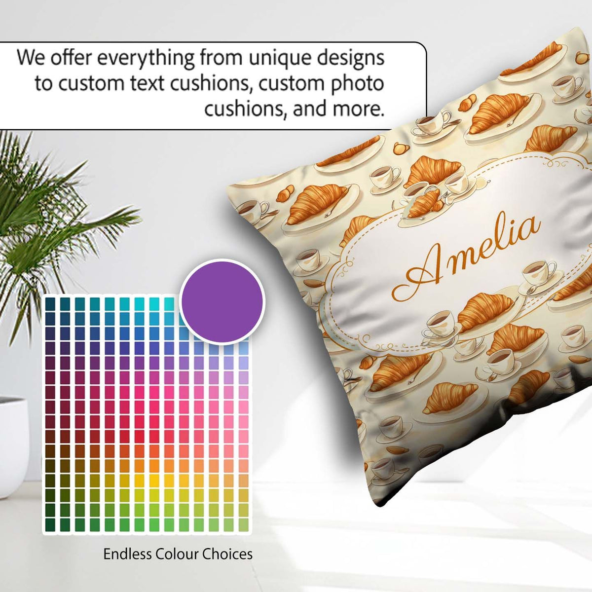 Custom Name Croissant and Coffee French Seamless Pattern Neutral Square Filled Cushion Throw Pillow Sofa Bed Home Decor Zip Washable UK Made