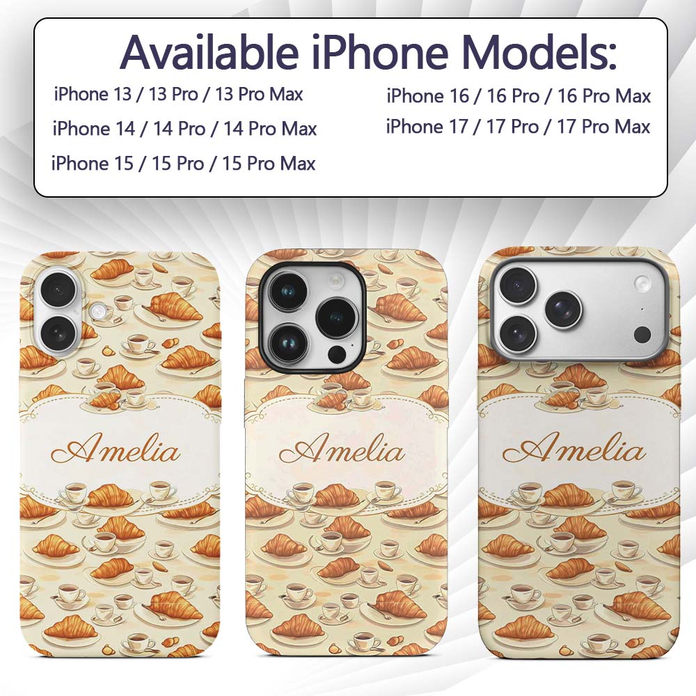 Croissant and Coffee French Breakfast Seamless Custom Name Protective Phone Case Mobile Cover Durable Everyday Smartphone Shock Resistant