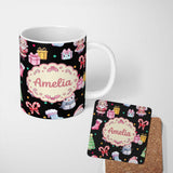 Personalized Custom Name Cute Santa Snowman Gifts Candy Cane Black Background Seamless 11oz Ceramic Coffee Tea Mug White Large Handle