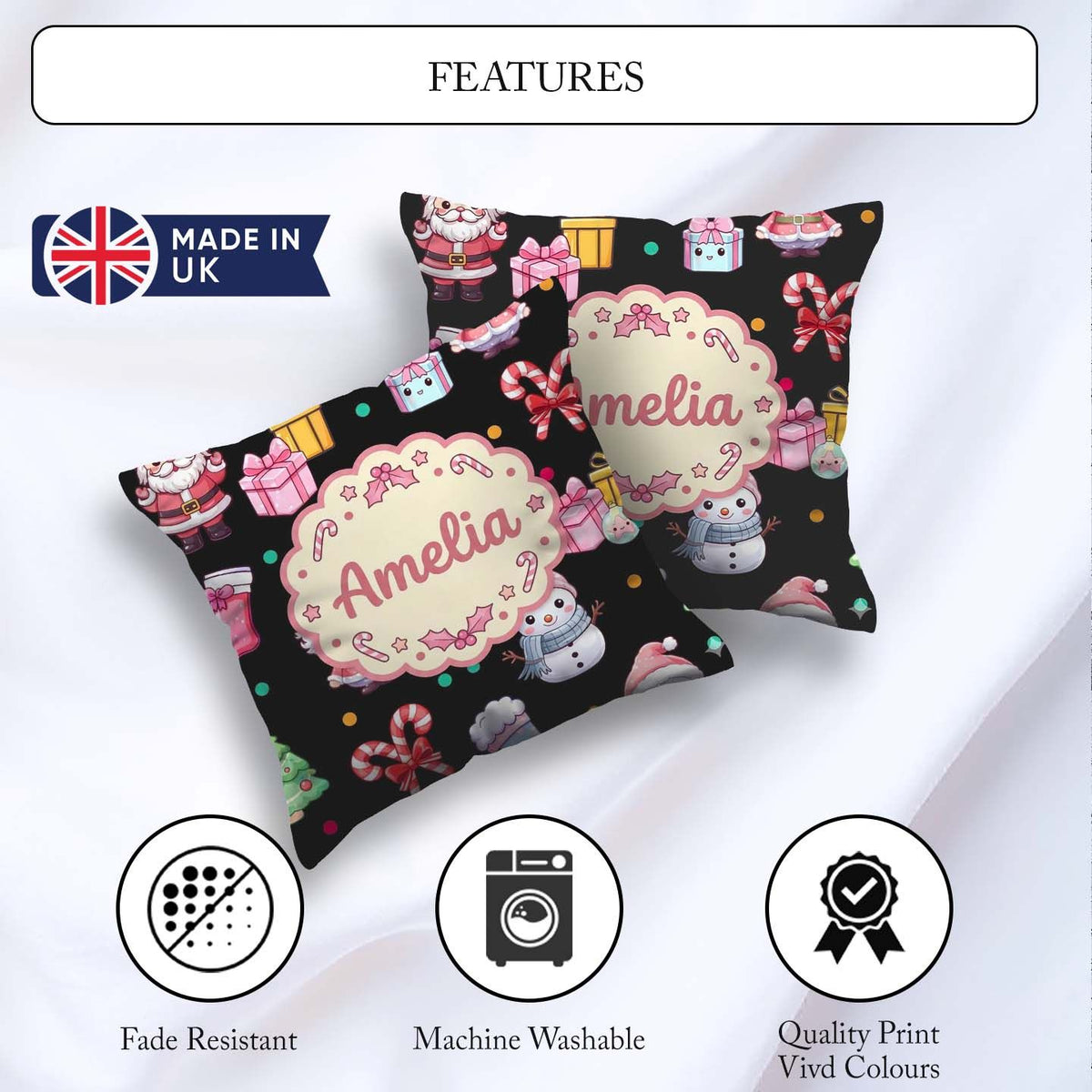 Custom Name Cute Santa Snowman Gifts Candy Cane Black Background Square Filled Cushion Throw Pillow Sofa Bed Home Decor Zip Washable UK Made