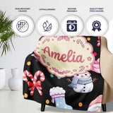 Cute Santa Snowman Gifts Candy Cane Black Background Seamless  Personalised Custom Name Super Soft Fleece Blanket Bed Sofa Throw