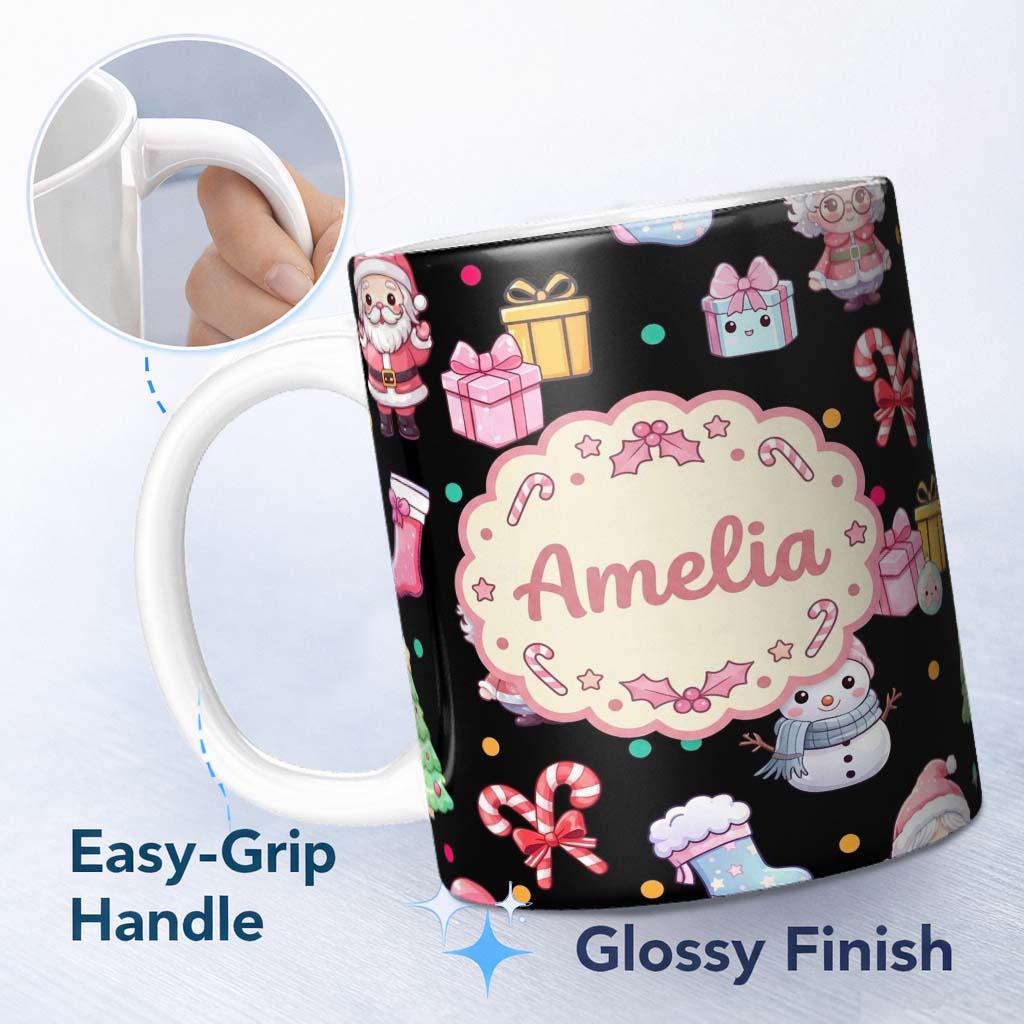 Personalized Custom Name Cute Santa Snowman Gifts Candy Cane Black Background Seamless 11oz Ceramic Coffee Tea Mug White Large Handle