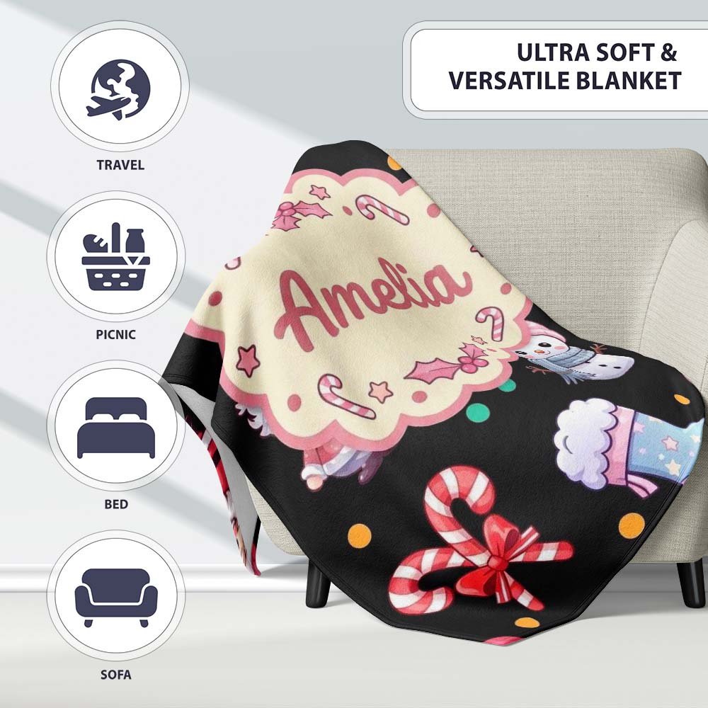 Cute Santa Snowman Gifts Candy Cane Black Background Seamless  Personalised Custom Name Super Soft Fleece Blanket Bed Sofa Throw