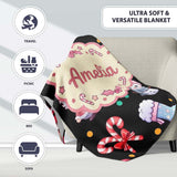 Cute Santa Snowman Gifts Candy Cane Black Background Seamless  Personalised Custom Name Super Soft Fleece Blanket Bed Sofa Throw