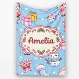 Cute Santa Snowman Gifts Candy Cane Sky Blue Background Seamless  Personalised Custom Name Super Soft Fleece Blanket Bed Sofa Throw