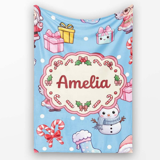 Cute Santa Snowman Gifts Candy Cane Sky Blue Background Seamless  Personalised Custom Name Super Soft Fleece Blanket Bed Sofa Throw