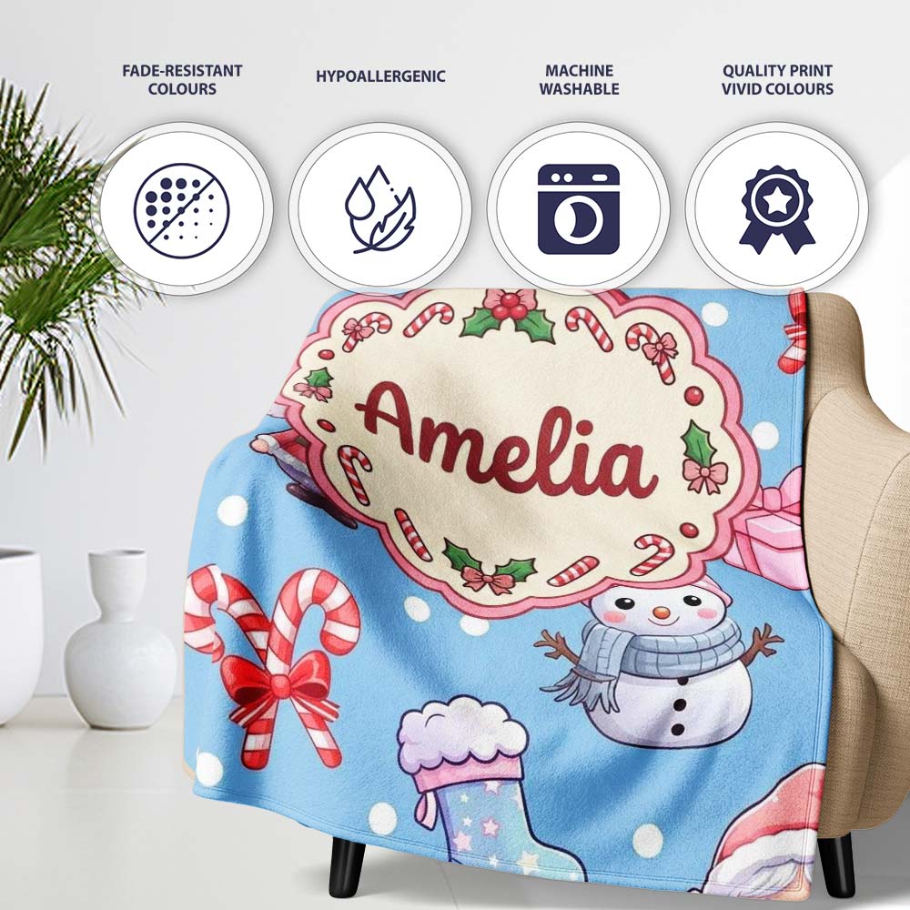 Cute Santa Snowman Gifts Candy Cane Sky Blue Background Seamless  Personalised Custom Name Super Soft Fleece Blanket Bed Sofa Throw