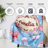 Cute Santa Snowman Gifts Candy Cane Sky Blue Background Seamless  Personalised Custom Name Super Soft Fleece Blanket Bed Sofa Throw
