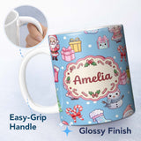 Personalized Custom Name Cute Santa Snowman Gifts Candy Cane Sky Blue Background Seamless 11oz Ceramic Coffee Tea Mug White Large Handle