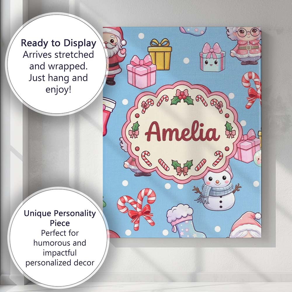 Personalised Name Cute Santa Snowman Gifts Custom  Unique Gift Idea Elegant Feature Canvas Wall Art Print Decor Picture Ready to Hang