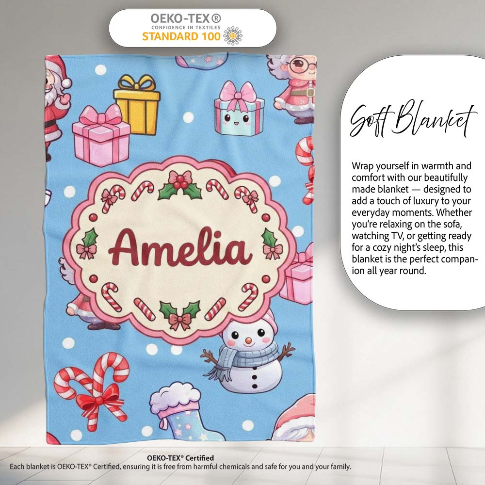Cute Santa Snowman Gifts Candy Cane Sky Blue Background Seamless  Personalised Custom Name Super Soft Fleece Blanket Bed Sofa Throw