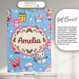 Cute Santa Snowman Gifts Candy Cane Sky Blue Background Seamless  Personalised Custom Name Super Soft Fleece Blanket Bed Sofa Throw