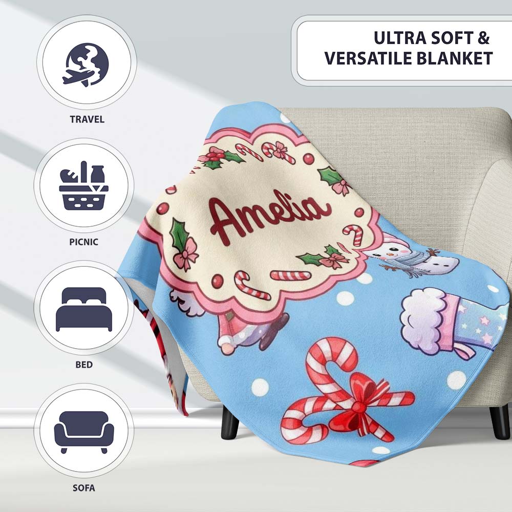 Cute Santa Snowman Gifts Candy Cane Sky Blue Background Seamless  Personalised Custom Name Super Soft Fleece Blanket Bed Sofa Throw
