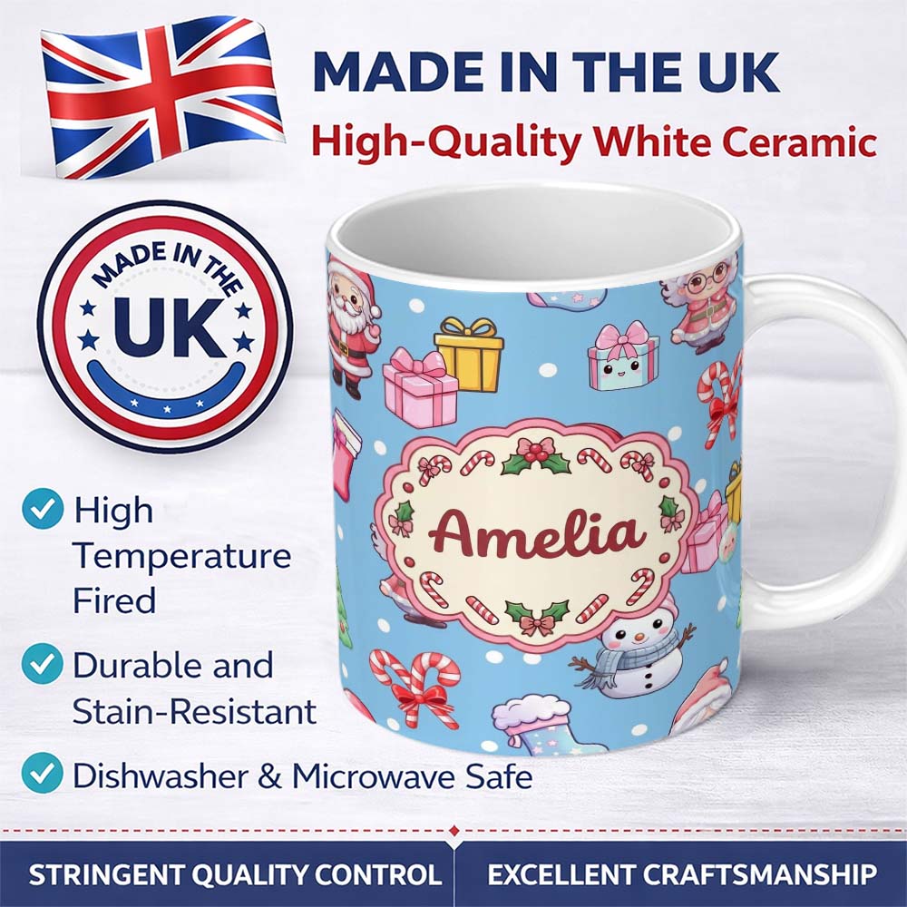 Personalized Custom Name Cute Santa Snowman Gifts Candy Cane Sky Blue Background Seamless 11oz Ceramic Coffee Tea Mug White Large Handle
