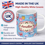 Personalized Custom Name Cute Santa Snowman Gifts Candy Cane Sky Blue Background Seamless 11oz Ceramic Coffee Tea Mug White Large Handle