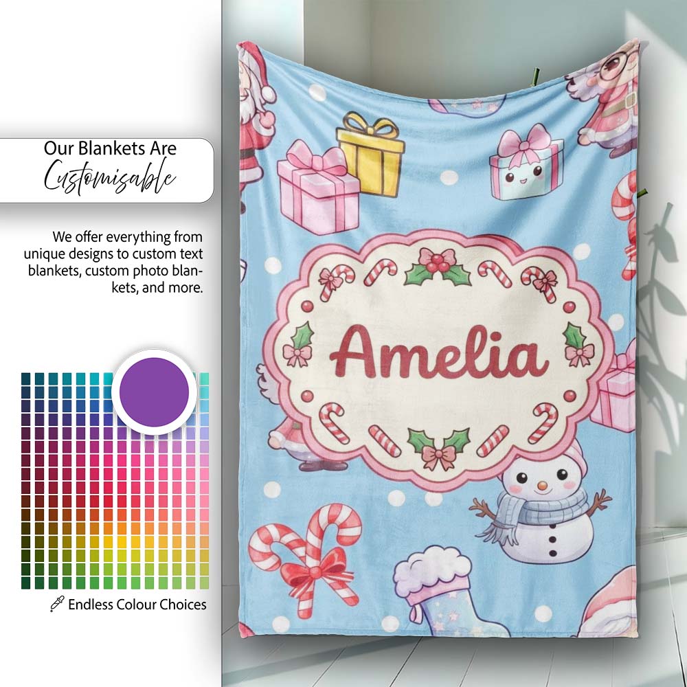 Cute Santa Snowman Gifts Candy Cane Sky Blue Background Seamless  Personalised Custom Name Super Soft Fleece Blanket Bed Sofa Throw