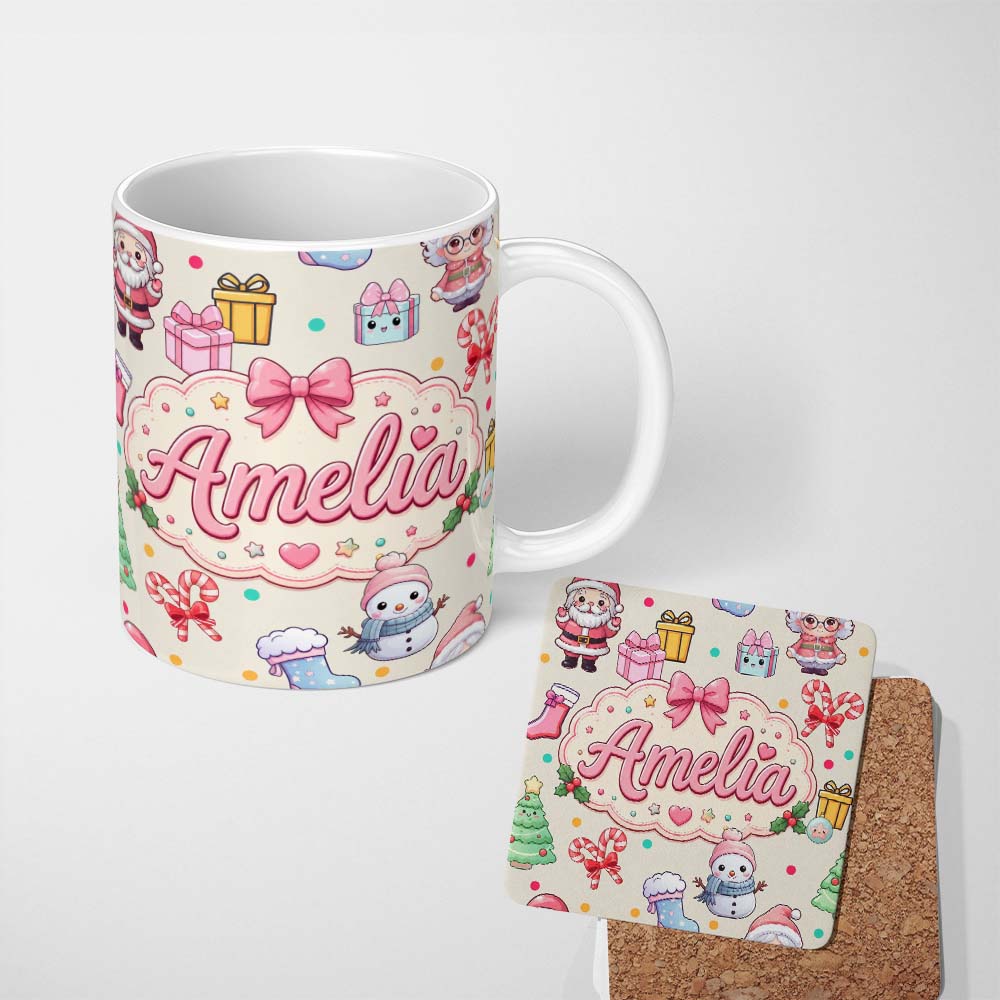 Personalized Custom Name Cute Santa Snowman Gifts Candy Cane Cream Background Seamless 11oz Ceramic Coffee Tea Mug White Large Handle