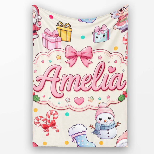 Cute Santa Snowman Gifts Candy Cane Cream Background Seamless  Personalised Custom Name Super Soft Fleece Blanket Bed Sofa Throw