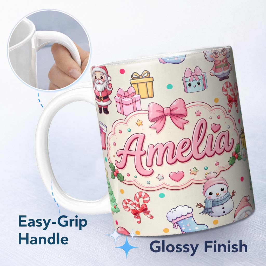 Personalized Custom Name Cute Santa Snowman Gifts Candy Cane Cream Background Seamless 11oz Ceramic Coffee Tea Mug White Large Handle