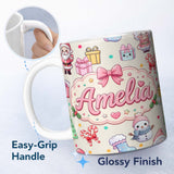 Personalized Custom Name Cute Santa Snowman Gifts Candy Cane Cream Background Seamless 11oz Ceramic Coffee Tea Mug White Large Handle