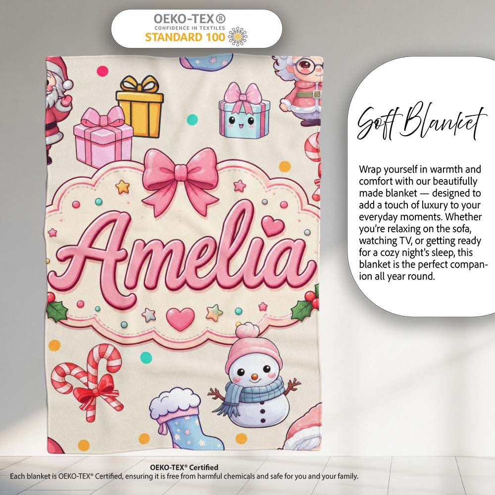 Cute Santa Snowman Gifts Candy Cane Cream Background Seamless  Personalised Custom Name Super Soft Fleece Blanket Bed Sofa Throw