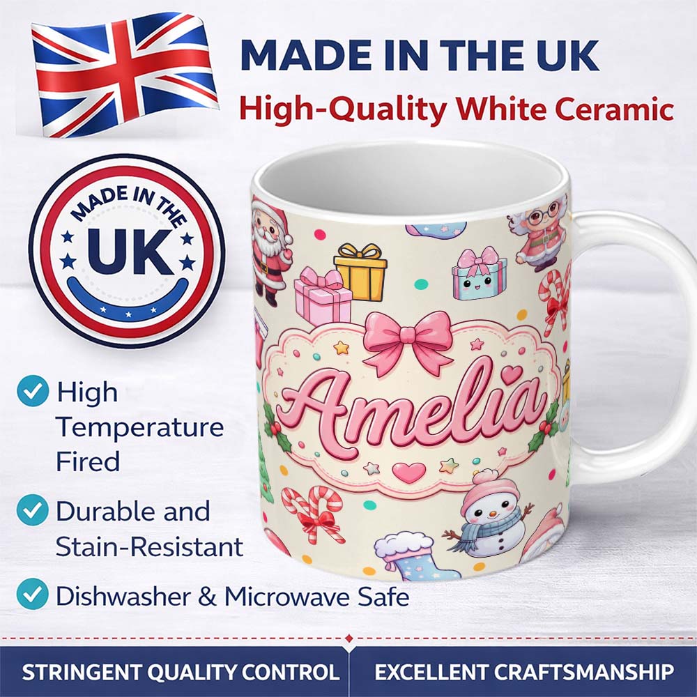 Personalized Custom Name Cute Santa Snowman Gifts Candy Cane Cream Background Seamless 11oz Ceramic Coffee Tea Mug White Large Handle