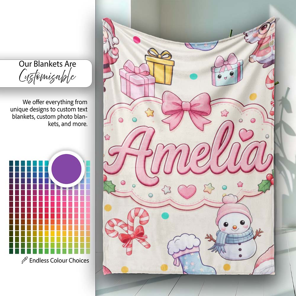 Cute Santa Snowman Gifts Candy Cane Cream Background Seamless  Personalised Custom Name Super Soft Fleece Blanket Bed Sofa Throw