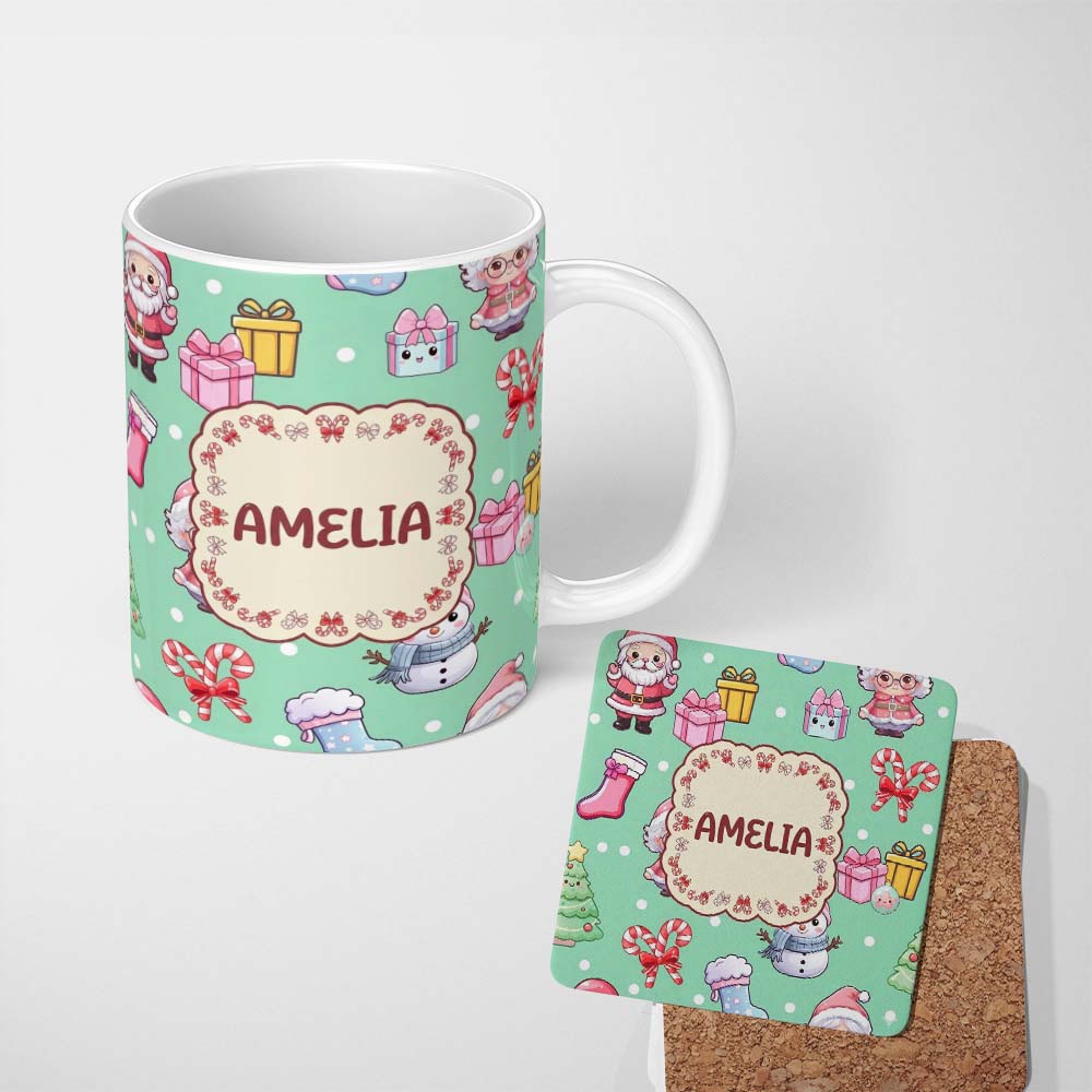 Personalized Custom Name Cute Santa Snowman Gifts Candy Cane Mint Background Seamless 11oz Ceramic Coffee Tea Mug White Large Handle