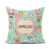 Custom Name Cute Santa Gifts Candy Cane Mint Background Seamless Square Filled Cushion Throw Pillow Sofa Bed Home Decor Zip Washable UK Made