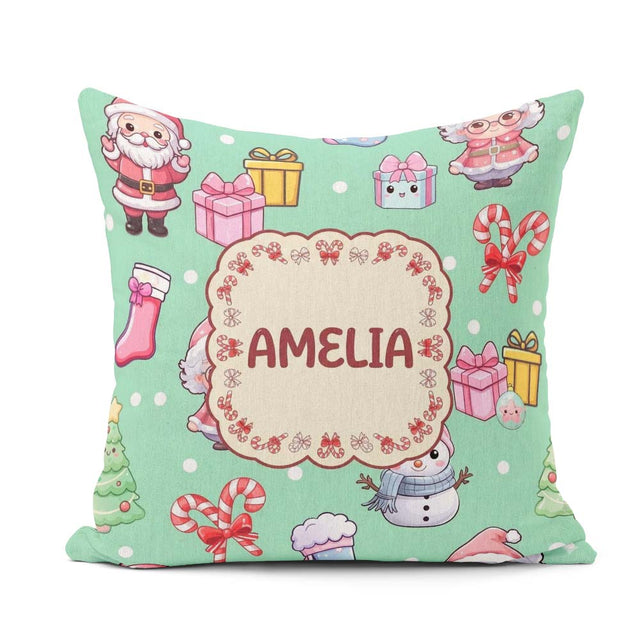 Custom Name Cute Santa Gifts Candy Cane Mint Background Seamless Square Filled Cushion Throw Pillow Sofa Bed Home Decor Zip Washable UK Made