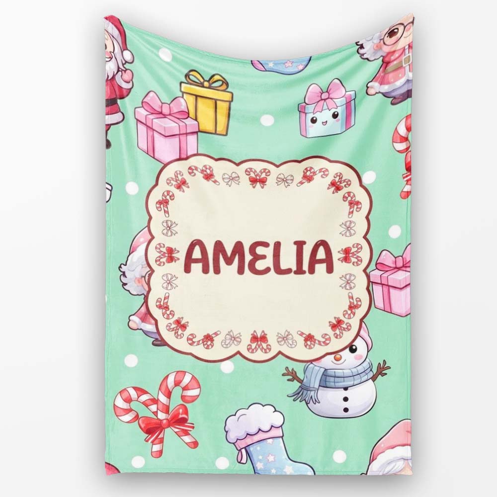 Cute Santa Snowman Gifts Candy Cane Mint Background Seamless  Personalised Custom Name Super Soft Fleece Blanket Bed Sofa Throw