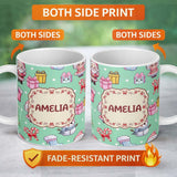 Personalized Custom Name Cute Santa Snowman Gifts Candy Cane Mint Background Seamless 11oz Ceramic Coffee Tea Mug White Large Handle
