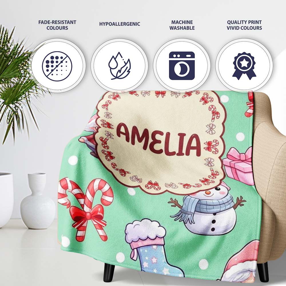 Cute Santa Snowman Gifts Candy Cane Mint Background Seamless  Personalised Custom Name Super Soft Fleece Blanket Bed Sofa Throw