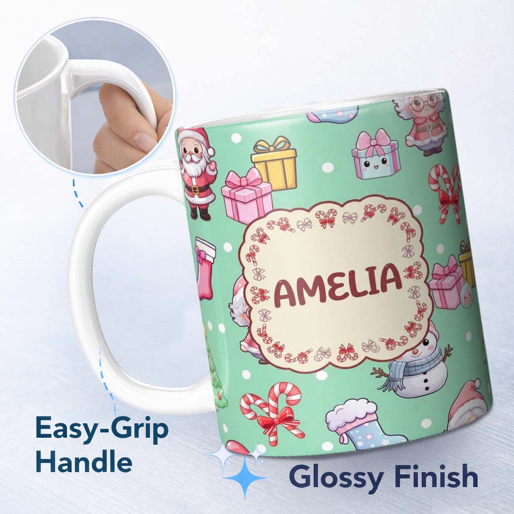 Personalized Custom Name Cute Santa Snowman Gifts Candy Cane Mint Background Seamless 11oz Ceramic Coffee Tea Mug White Large Handle