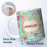 Personalized Custom Name Cute Santa Snowman Gifts Candy Cane Mint Background Seamless 11oz Ceramic Coffee Tea Mug White Large Handle