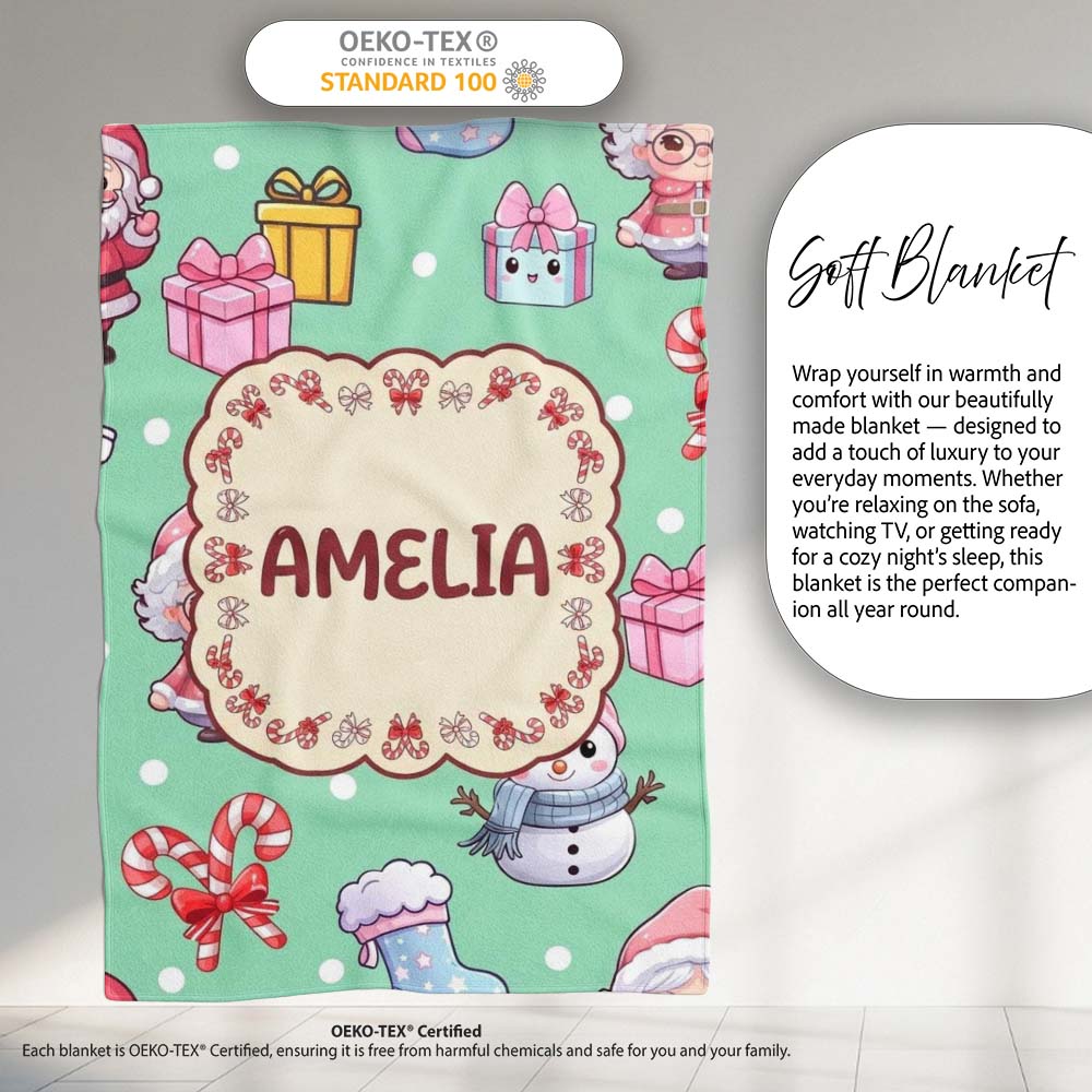 Cute Santa Snowman Gifts Candy Cane Mint Background Seamless  Personalised Custom Name Super Soft Fleece Blanket Bed Sofa Throw